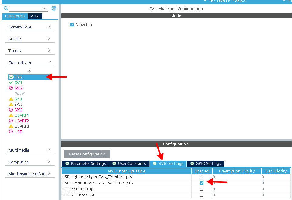 Connectivity -> CAN -> NVIC Settings -> CAN_RX0 interrupt