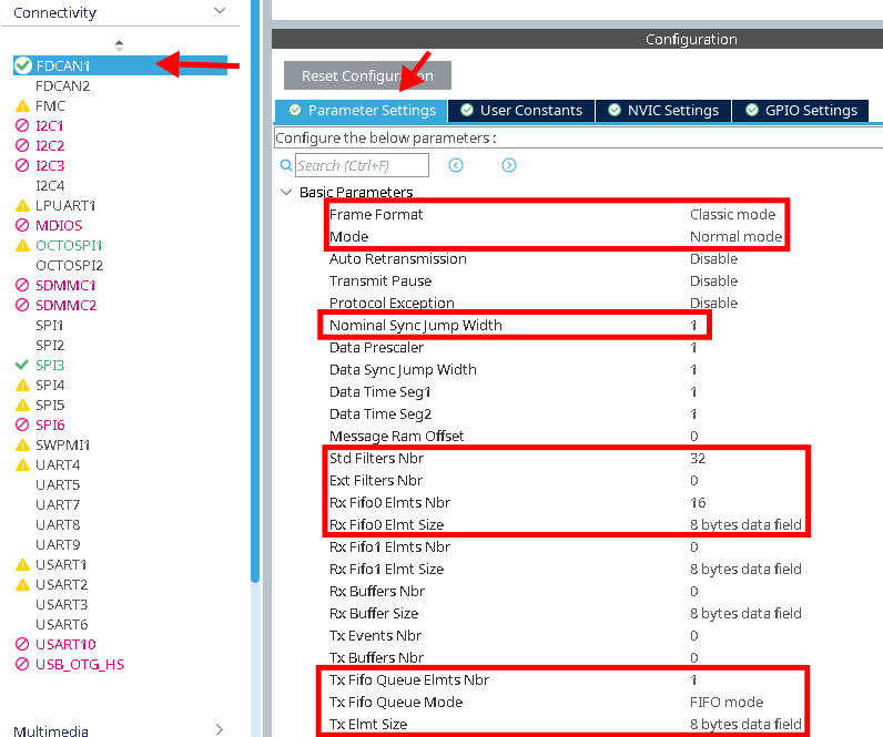 Connectivity -> FDCAN(1) -> Parameter Settings -> Basic Parameters