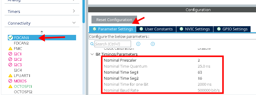 Connectivity -> FDCAN(1) -> Parameter Settings -> Bit Timings Parameters