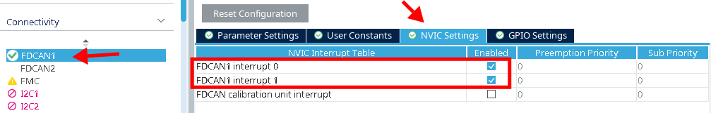 Connectivity -> FDCAN(1) -> NVIC Settings