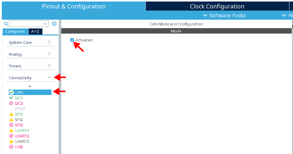 Connectivity -> CAN -> Activated