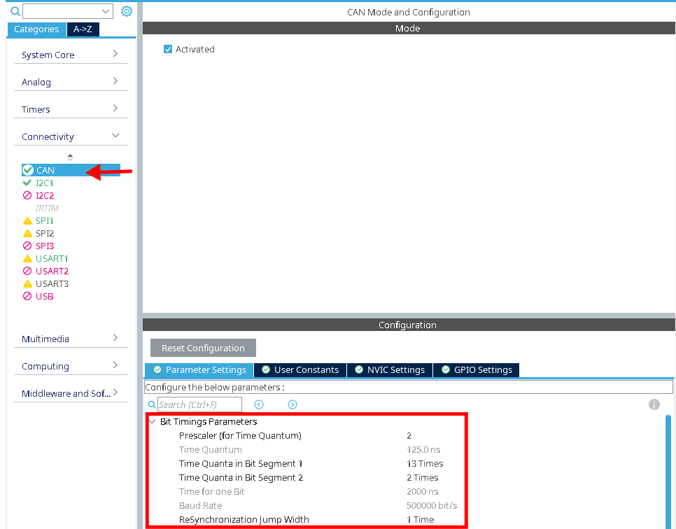 Connectivity -> CAN -> Parameter Settings -> Bit Timings Parameters